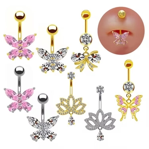Butterfly Pendant Belly Button Ring Copper Zircon Dangle Umbilical Piercing Body Jewelry Women Sweet Fashion
