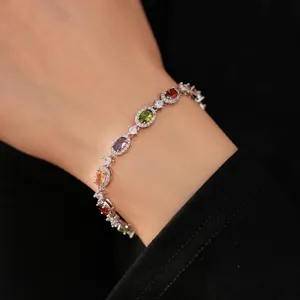 Elegant oval zircon clasp bracelet with multicolored gemstones on silver chain