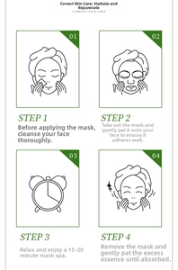 Four-step facial mask application guide with green vector illustrations and usage tips