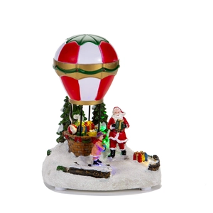 Christmas glowing hot air balloon figurine with LED lights and glittery snow decor
