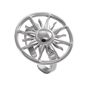 Macro view of adjustable stainless steel ring with polished sunflower sunburst design