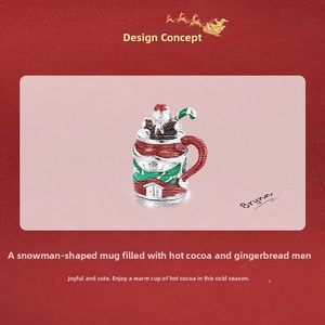 Detailed embroidery of Christmas themed charm featuring snowman and gingerbread in a mug