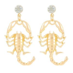 Gold scorpion drop earrings with sparkling rhinestones in a minimalist punk hip-hop style