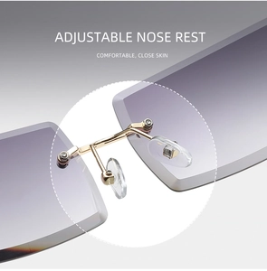 Close-up of adjustable silicone nose pads on gold metal frameless sunglasses