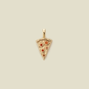 Detailed view of a gold pizza pendant featuring five sparkling orange gemstones