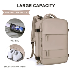 Detail view of large capacity travel backpack showing wet bag and shoe compartment