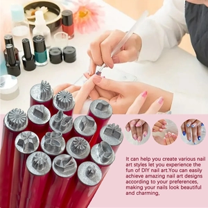 Detail view of 15 pieces nail art stamp pen set with diverse floral and heart patterns