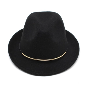 Elegant black wool fedora hat with gold metal buckle trim for women in retro jazz style