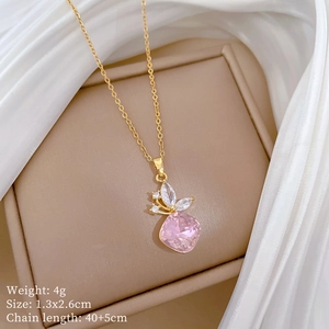 Detailed view of pink zircon pendant on gold chain with size and weight specifications