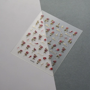 Detail of 5D embossed nail sticker Co-024 featuring gold leaves and red rose motifs