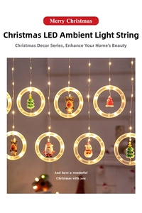 Detail of warm LED Christmas hanging ring lights featuring Santa, reindeer, and snowman