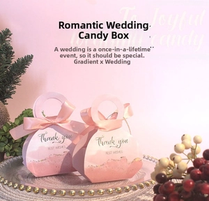 Pink gradient wedding candy gift box with elegant bow and golden Thank You text