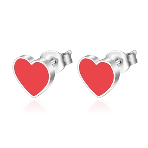 Minimalist red heart stud earrings in stainless steel and enamel on white background