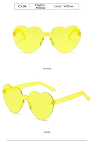 Front and 45-degree angle views of rimless heart-shaped sunglasses in yellow jelly color