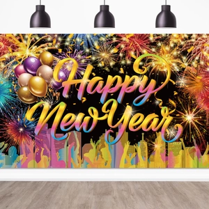 Happy New Year decorative backdrop with fireworks and balloons in a modern room setting