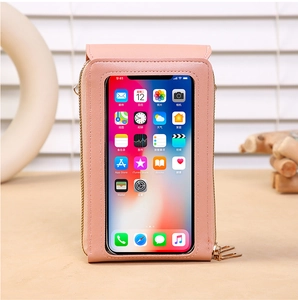 Pink faux leather phone crossbody bag with a transparent touch screen window