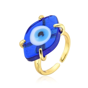 Handmade gold plated copper evil eye open ring with blue glass eye for women