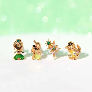 Fairy princess earring set with gold insects and geometric stars in green zircon