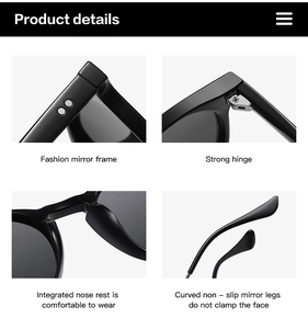 Detailed views of polarized sunglasses featuring reinforced hinges and ergonomic nose pads