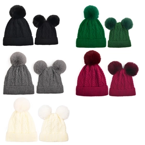 Winter chunky knit pom pom hats with fleece lining for parents and kids in various colors