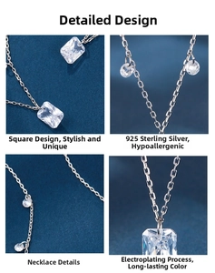 Detail view of S925 sterling silver chain and square cut zircon pendant with silver plating