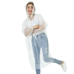 Adult disposable transparent raincoat with hood and elastic cuffs on white background
