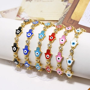 Hamsa Hand Evil Eye Charm Bracelet Gold Plated Copper With Enamel And Zircon Adjustable Pull Chain Jewelry For Women