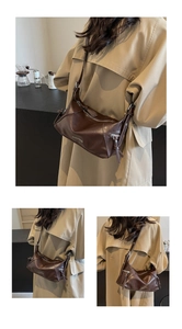 Three-way view of a retro brown leather shoulder bag shown on model in a cafe setting