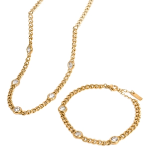 Golden stainless steel Cuban chain necklace and bracelet set with round zircon stones