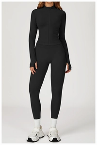 Détails de l'ensemble de yoga noir sans couture avec veste à passe-pouces et legging