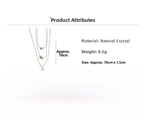 Detailed specs of adjustable natural crystal stone necklace with brown cord and 70cm chain