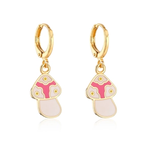 Charming gold-plated mushroom drop earrings with pink and white enamel finish