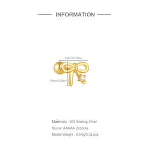 Detail of s925 silver golden bow stud earring with zircon size and weight specs