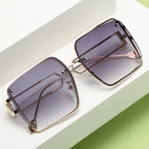 Square punk sunglasses with gold metal frame and purple gradient lenses on geometric backdrop