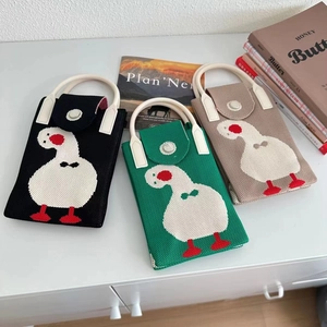 Mini knitted crossbody phone bag with cute white goose pattern in black green and beige