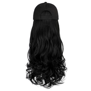Rear view of a black baseball cap with long wavy synthetic hair extensions on white background