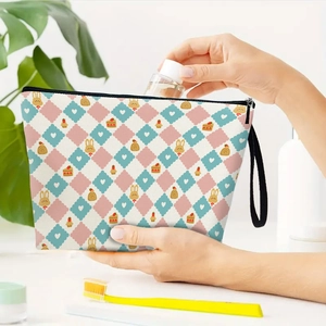 Cartoon Animal Print Cosmetic Bag Linen Zippered Makeup Pouch With Hand Strap Portable Toiletry Organizer For Women