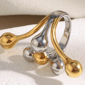 Macro shot of 18K gold and silver two-tone stainless steel ring with spherical details