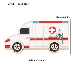 White ambulance enamel pin with red cross and heartbeat line for medical staff