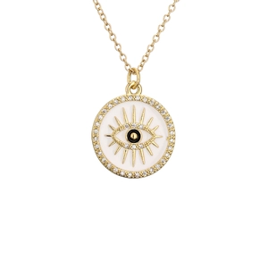 Gold Evil Eye necklace with white enamel and micro-paved zircons on white background