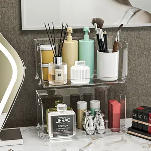 Stackable clear acrylic makeup organizer for cosmetics and perfumes on dressing table