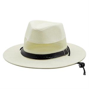 White breathable straw fedora sun hat with mesh stitching and black decorative band