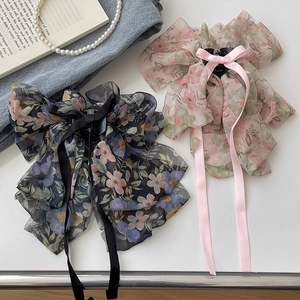 Floral Chiffon Large Bow Hair Claw Clip Elegant Long Ribbon Streamer Sweet Hair Accessories For Women