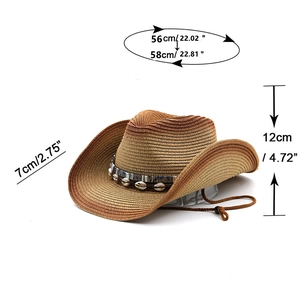 Detail of straw cowboy hat featuring shell band decor and adjustable chin strap