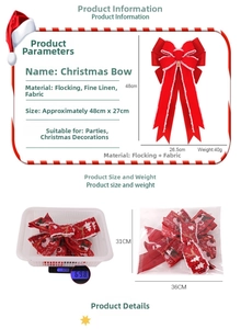 Detail of red velvet and linen Christmas bow featuring reindeer and cedar tree patterns