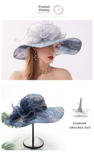 Detail of wide brim organza sun hat featuring decorative 3D floral accents and lace pattern