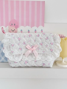 Pink Rose Floral Quilted Cotton Crossbody Bag Sweet Kawaii Heart Pattern Lace Trim Bow Decor Shoulder Strap Square Purse