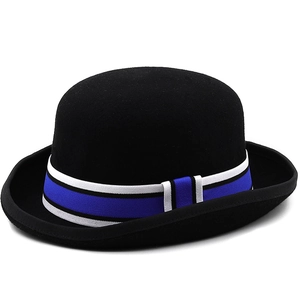 Elegant black wool bowler hat for women featuring a stylish tricolor striped ribbon band