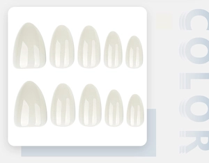 Detailed view of 10-piece almond press-on nails in glossy off-white on a display card
