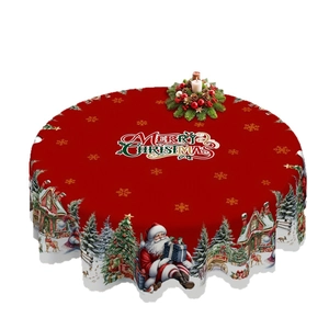 Red round Christmas tablecloth with gold snowflakes and festive Santa scene